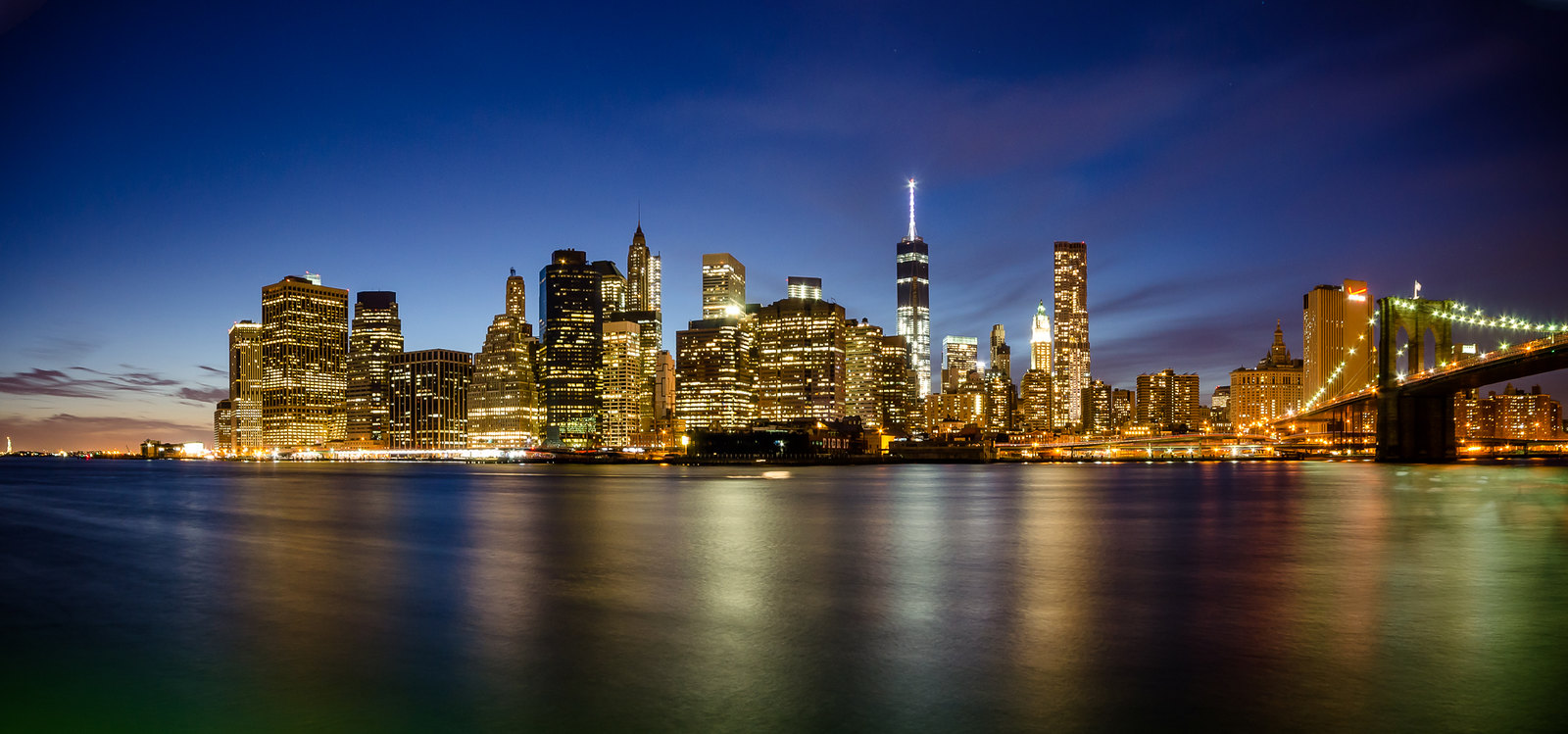 Manhattan skyline evening lights