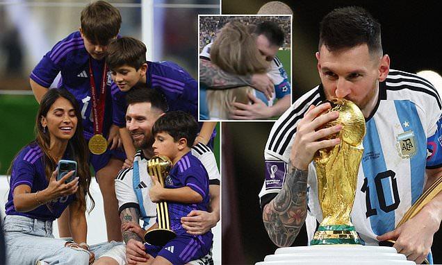 Lionel Messi's mother, Celia, embraces him on the pitch after Argentina's World Cup victory