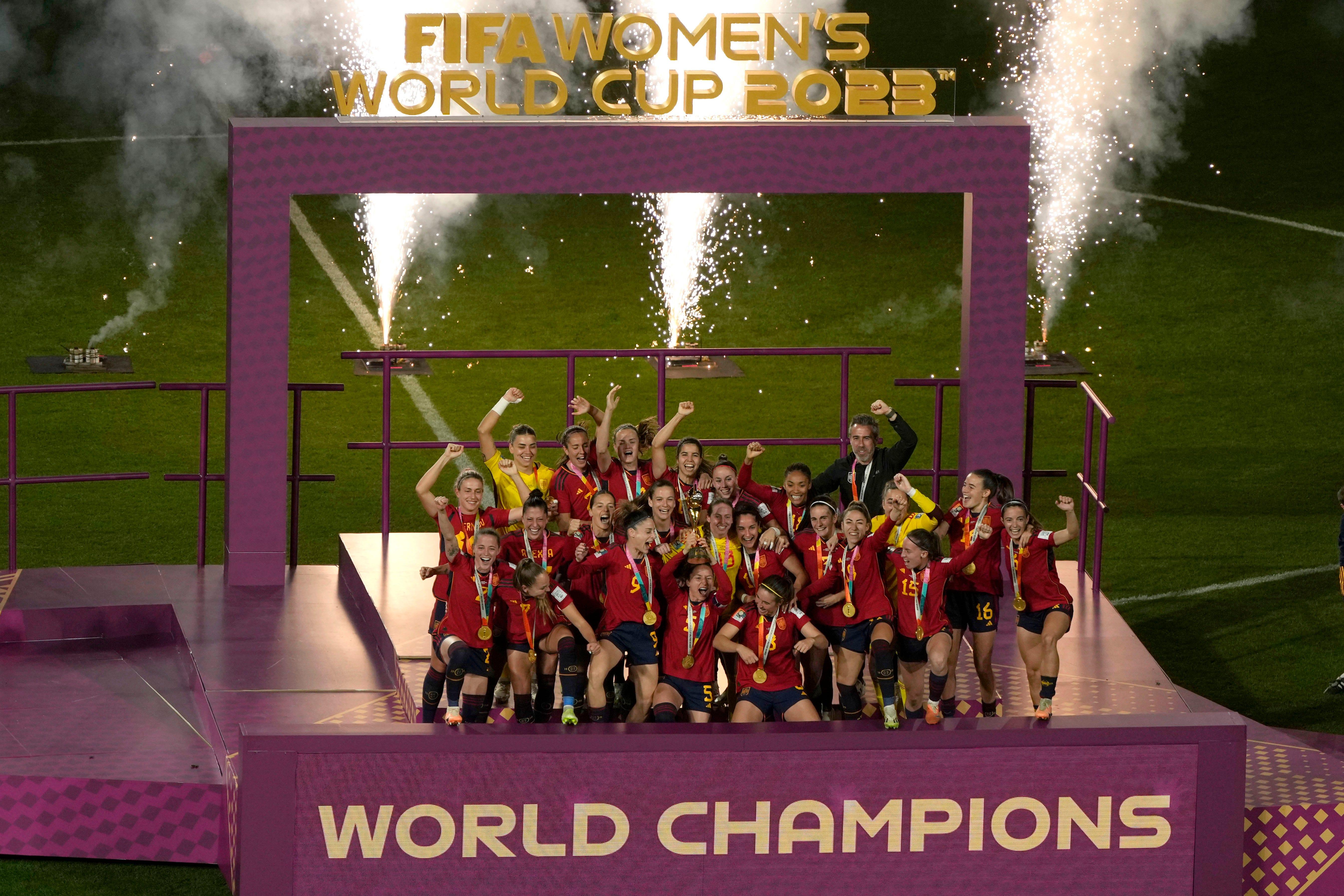 Team Spain celebrates after beating England in the final and winning the 2023 World Cup in Sydney, Australia.