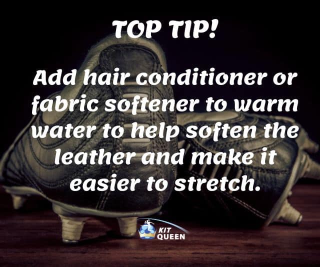 How to stretch soccer cleats infographic: Add hair conditioner or fabric softener to warm water to help soften the leather and make it easier to stretch.