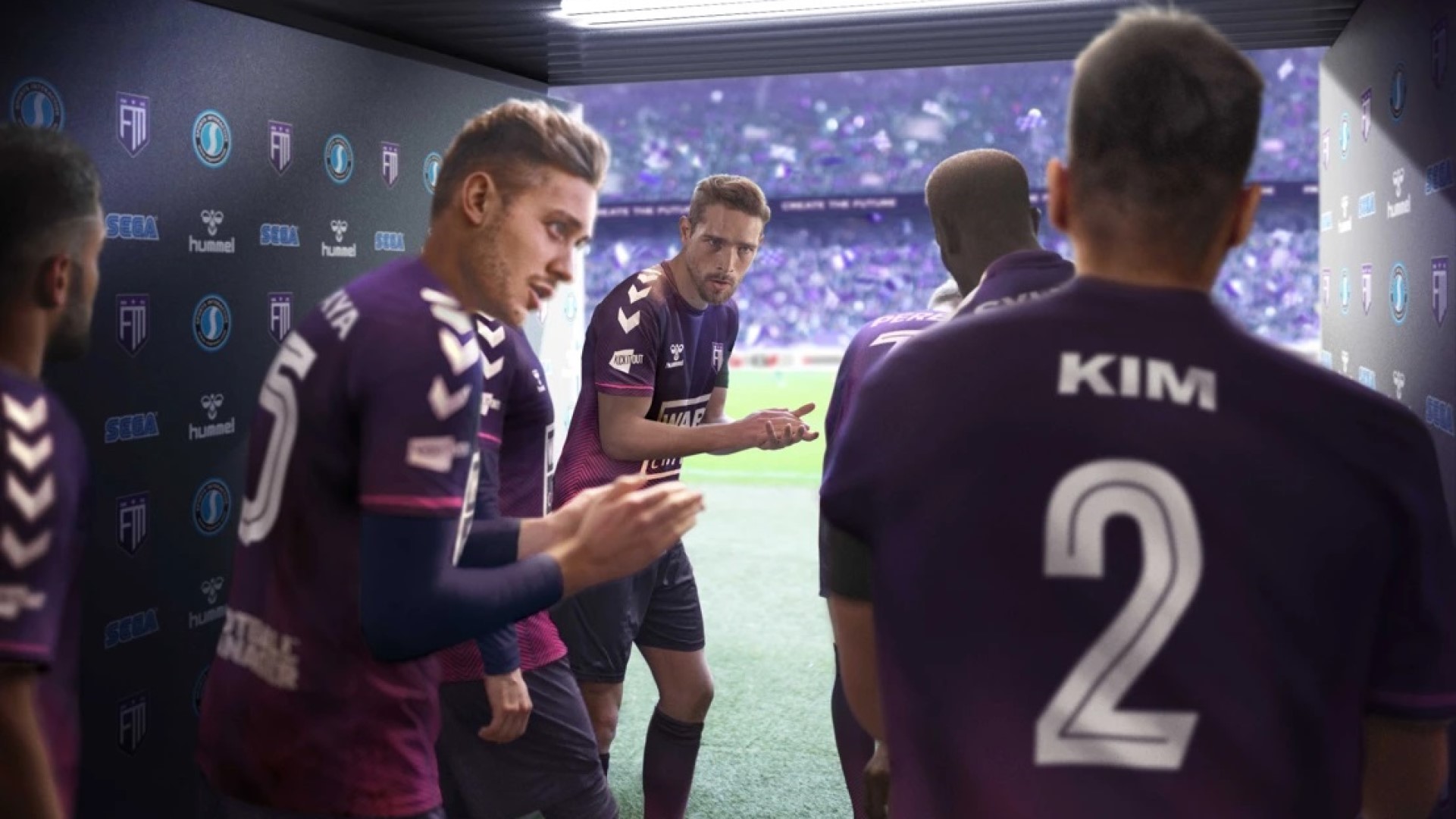 Best Xbox football games: players in a purple kit motivate one another before heading out onto the football pitch