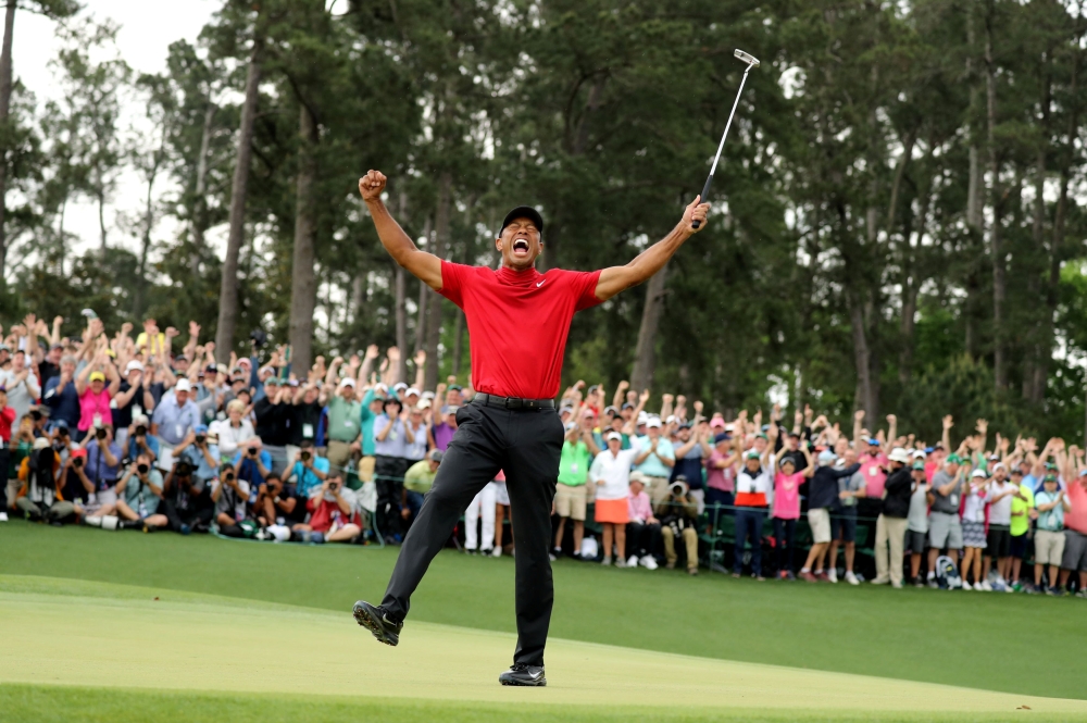 Sophisticated moments of tiger woods walking up 18 in glory